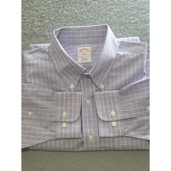 Brooks Brothers 346 Shirt Mens 16.5 Purple Check Regular Fit Non-Iron - Picture 1 of 6